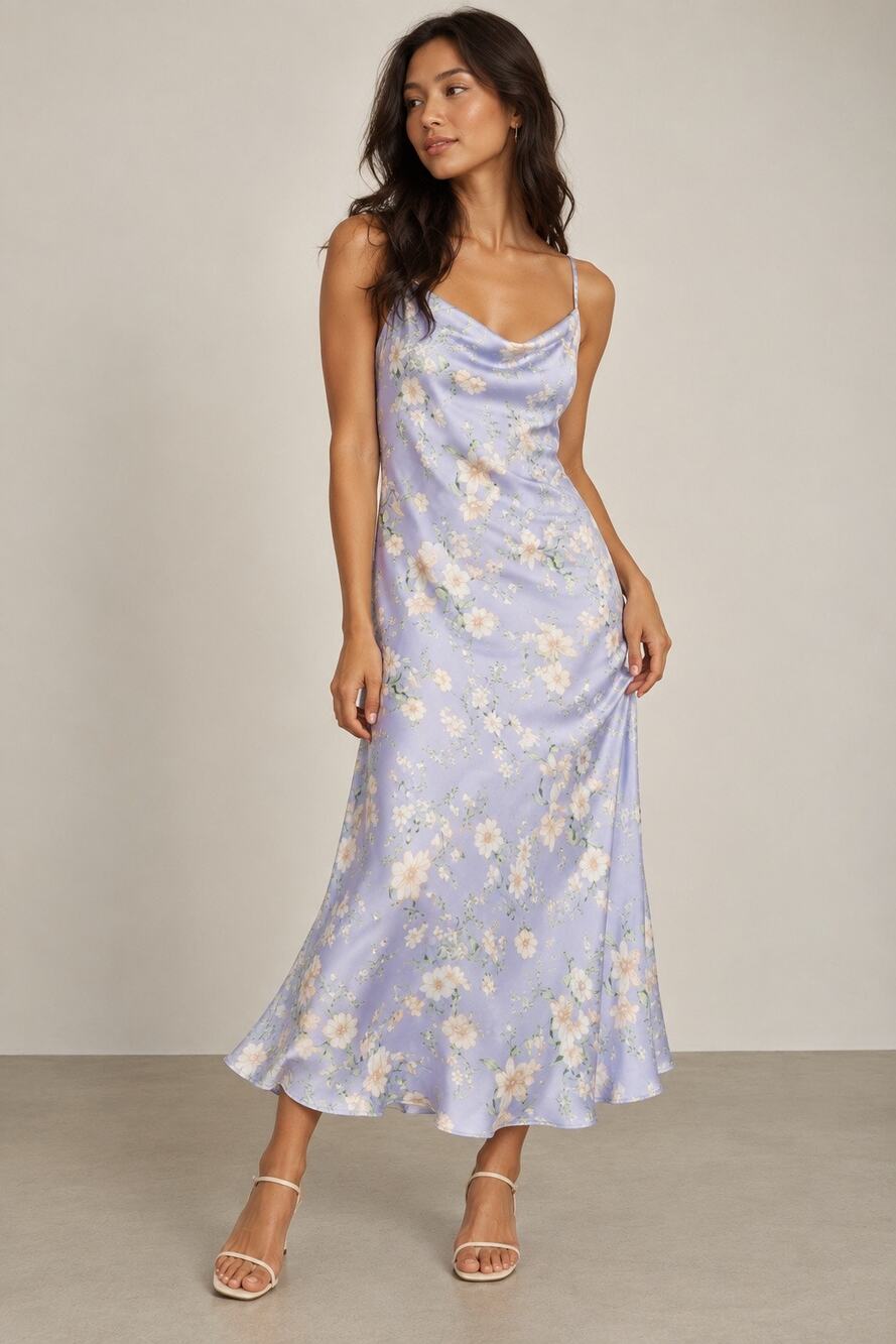 NWT Altar’d State Floral Satin Maxi Dress XL Light Purple Cowl Neck Slip
